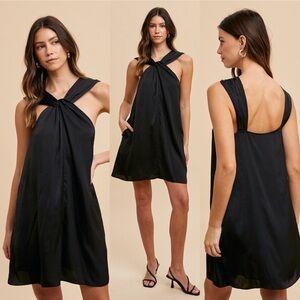 Black silk halter cross flowy woven pocket boho bohemian midi western Dress